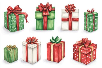 A collection of festive gift boxes decorated with ribbons and bows, perfect for holiday celebrations.