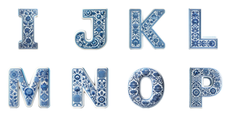 Set of Decorative Alphabet Letters I, J, K, L, M, N, O, P Inspired by Traditional Blue Ceramic Tiles: Blue Floral Design on Uppercase Letters