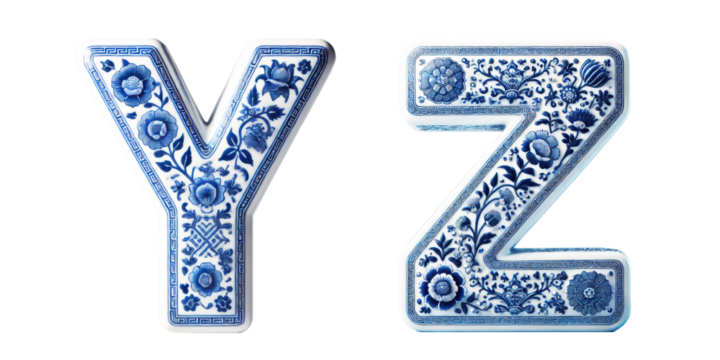 Set of Decorative Alphabet Letters Y, Z Inspired by Traditional Blue Ceramic Tiles: Blue Floral Design on Uppercase Letters - Powered by Adobe