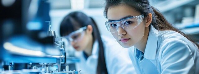 Young women conduct research in a laboratory while wearing safety goggles and white lab coats during a scientific experiment