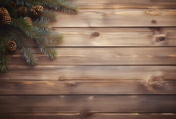 Fototapeta premium Rustic Wooden Background with Pine Branch and Cones