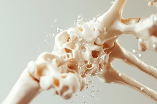 Milk splashing around bone structure, symbolizing calcium