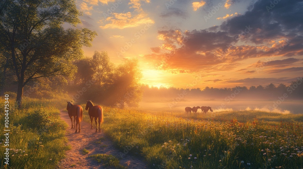 Poster A group of horses are walking down a path in a field