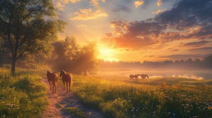 A group of horses are walking down a path in a field