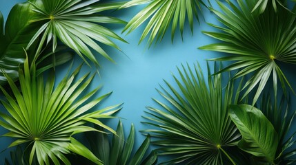 Obraz premium Lush green palm leaves arranged on a blue backdrop