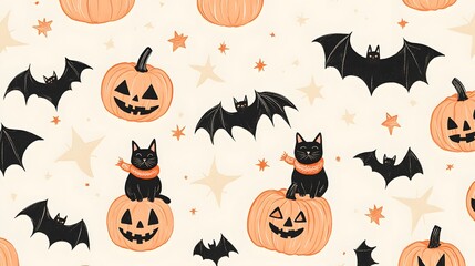 A whimsical pattern of pumpkins, cats wearing scarves, and bats with twinkling stars around them, arranged in pastel orange on a brushed cream backdrop