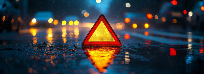 Close-up of an emergency triangle sign on the road at night in heavy rain, with reflections and blurred lights in the background. High-resolution photography, insanely detailed.