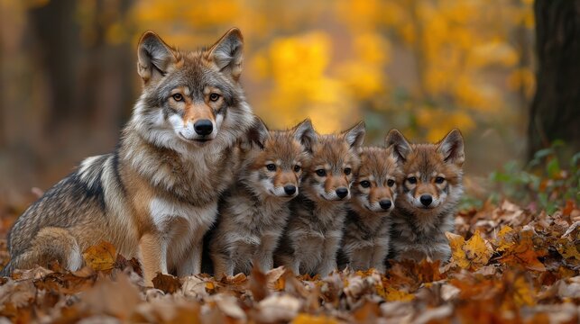 A mother wolf and her four playful pups surrounded by autumn leaves in a forest setting during the late afternoon light