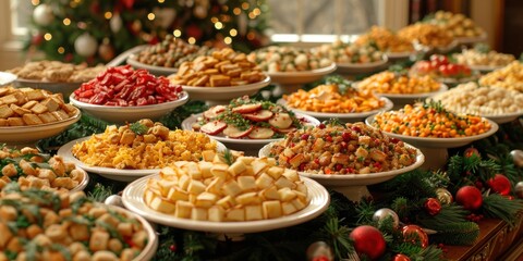 Fototapeta premium An elaborate festive buffet table overflowing with a variety of delicious and colorful holiday dishes, including appetizers, main courses, and desserts, beautifully adorned with holiday decorations