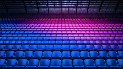 Fototapeta premium Colorful empty stadium seating arranged in rows, illuminated with purple and blue lighting.