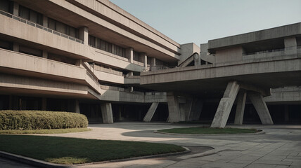 Abandoned brutalist structures with strong, concrete walls and pillars, massive buildings on a gloomy day that look terrifying 