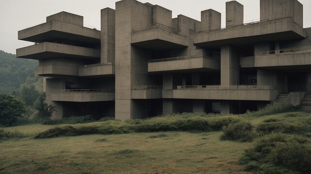 Abandoned brutalist structures with strong, concrete walls and pillars, massive buildings on a gloomy day that look terrifying 