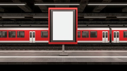 Empty advertising board at a subway station with a red train in the background, urban commute, modern design.