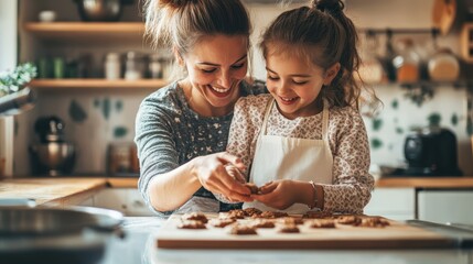 Fototapeta premium A mother and daughter share a joyful moment preparing homemade cookies in their kitchen, smiling as they shape the dough together, creating memories on a bright afternoon