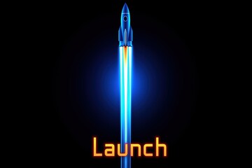 Futuristic rocket launch illustration with glowing blue effects on a dark background.