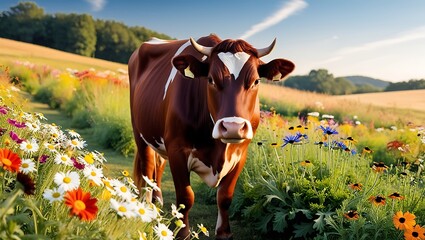 Cow in a Field of Wildflowers captures a serene and colorful rural scene that evokes the peaceful beauty of nature and farm life. 