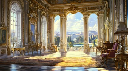 Fototapeta premium Opulent Royal Palace Interior Showcasing Lavish Furnishings Intricate Architectural Details