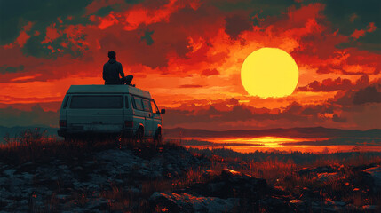 Man sits on top of a van watching a bright orange sunset.