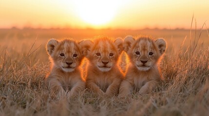 Three lion cubs lounging together in golden grass at sunset in a serene landscape, showcasing their playful innocence and beauty