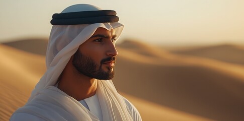 A thoughtful Emirati man in traditional attire gazes across desert dunes at sunset