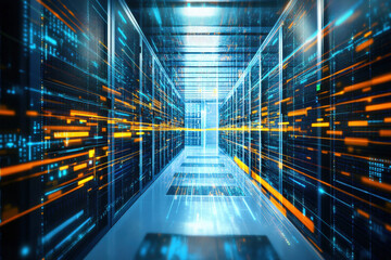 Obraz premium Bright digital streams flow through a futuristic corridor in a data center, showcasing the pulse of technology in a vibrant, illuminated environment
