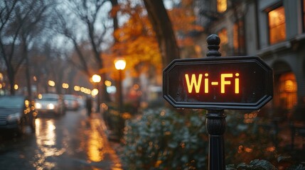 A serene city streetscape on a rainy autumn evening, featuring a prominently illuminated Wi-Fi sign that guides passersby in the soft, golden glow of streetlights