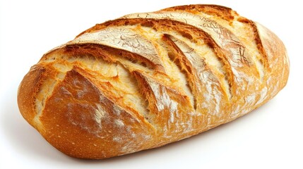 A loaf of artisan bread resting on a plain white background, showcasing its rustic texture and homemade appearance in a simple setting.