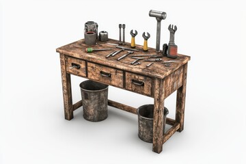 Rustic workbench with various tools and buckets, isolated on a white background.