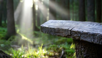 Obraz premium A beautifully carved wooden sign set in a magical forest, with sunlight streaming through the trees, blending the charm of nature with the sleekness of digital text etched on the sign.