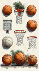 Hand-drawn illustration of basketballs and hoops.