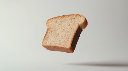 A single slice of bread floating on a seamless white background, with a focus on minimalism and the texture of the product.