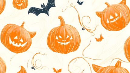 Pumpkins with swirling vines, cats playfully chasing each other, and bats with tiny bells around their necks, all in pastel orange on a cream background with hand-drawn brush strokes