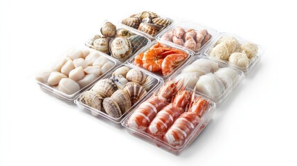 Assorted shellfish in transparent packaging, set against a white background, highlighting the diversity and freshness of seafood.