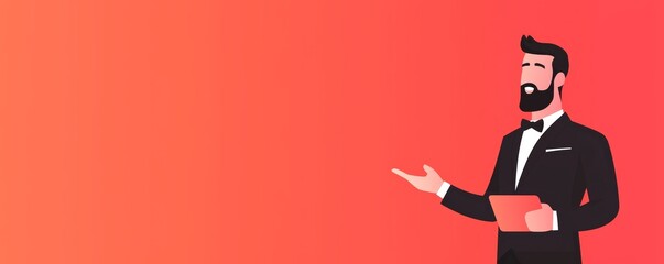 A confident presenter delivering a speech with a gradient background, with room for branding, promotional text, or key visuals.