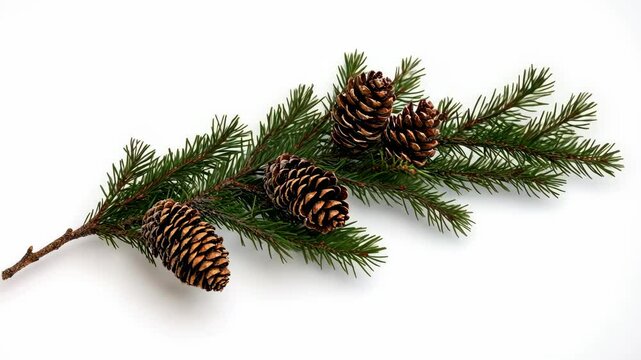 A pine branch with several pine cones sits on a white background