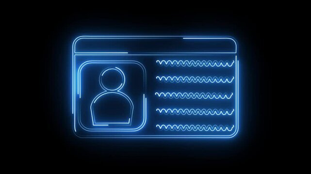 Abstract neon glowing identity card icon animation on background.