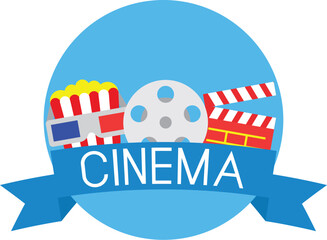 A Cinema Concept With Popcorn 3D Glasses Film Roll and Clapperboard 