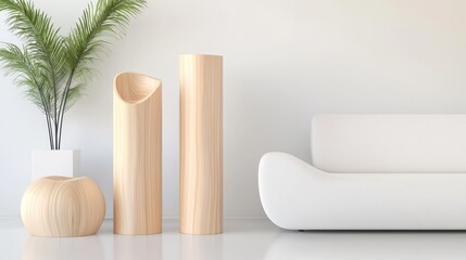 A contemporary living area where nature-inspired wooden cat structures coexist with minimalist furnishings, offering a perfect blend of style and functionality.