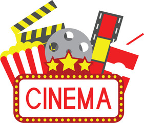 A Cinema Concept With Popcorn Clapperboard Film Roll Film Strip and Disposable Cup