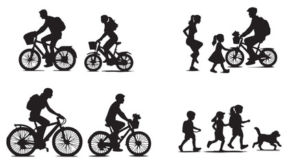 Obraz premium Parent and children cycling together with dogs side view vector illustration black and white art design