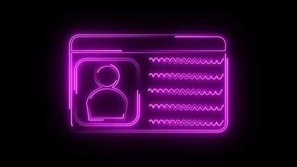 Abstract neon glowing identity card icon animation on background.