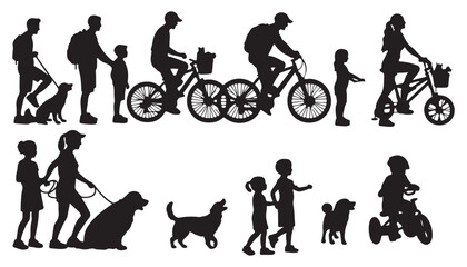 Parent and children cycling together with dogs side view vector illustration black and white art design