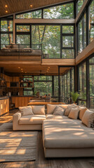 Fototapeta premium Modern sectional sofa in a spacious living room with floor to ceiling windows.