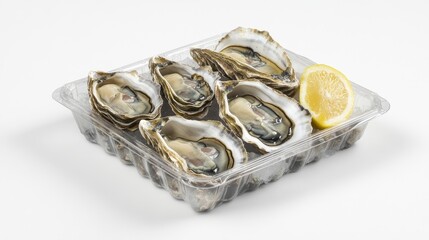 Fresh oysters packed in a plastic tray, presented on a clean white background, ideal for gourmet seafood dishes.