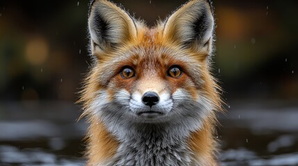 Obraz premium A close-up of a red fox in a forest environment, with droplets of water on its fur, during a misty early morning