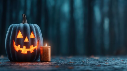 Obraz premium A carved pumpkin with a smiling face and a candle, set against a dark, misty forest backdrop.
