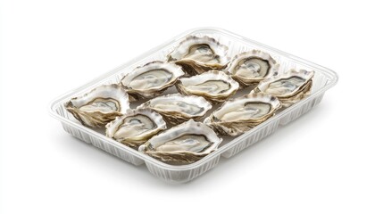 Fresh oysters packed in a plastic tray, presented on a clean white background, ideal for gourmet seafood dishes.