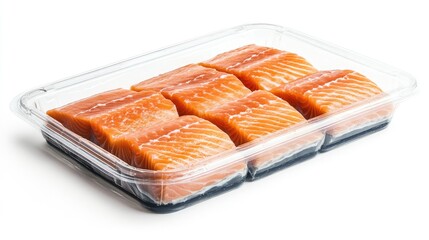 Fresh salmon fillets packed in a clear plastic tray, displayed on a white background, showcasing the seafood freshness and vibrant color.