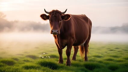 Cow in a Misty Morning Field captures the serene beauty of rural life, showcasing a cow standing quietly in a misty field during the early morning hours. 