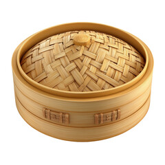 traditional bamboo steamer with woven lid, isolated white background, transparent background.